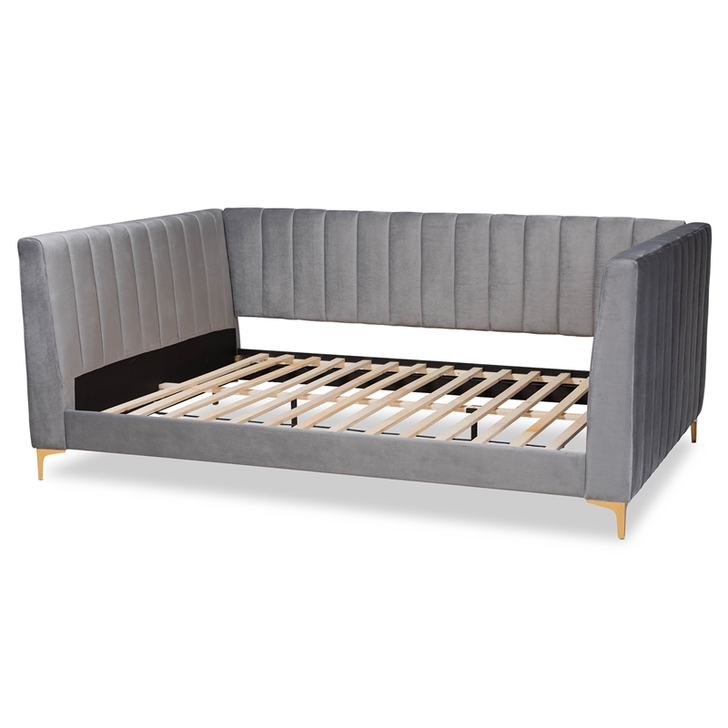 Bowery Hill Velvet Gray/Gold Daybed Rectangular Channel Tufted 93.7