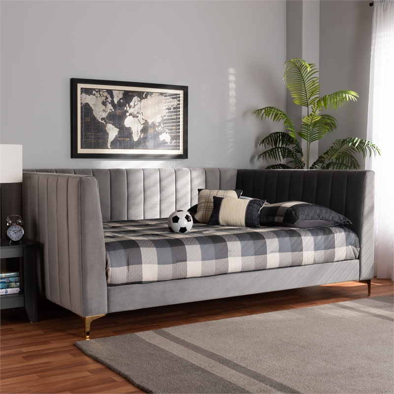 Bowery Hill Velvet Gray/Gold Daybed Rectangular Channel Tufted 93.7