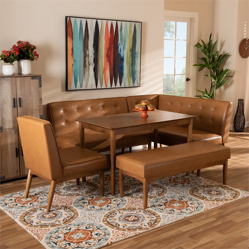 Bowery Hill Faux Leather Upholstered and Brown Finished 5-Piece Dining Set
