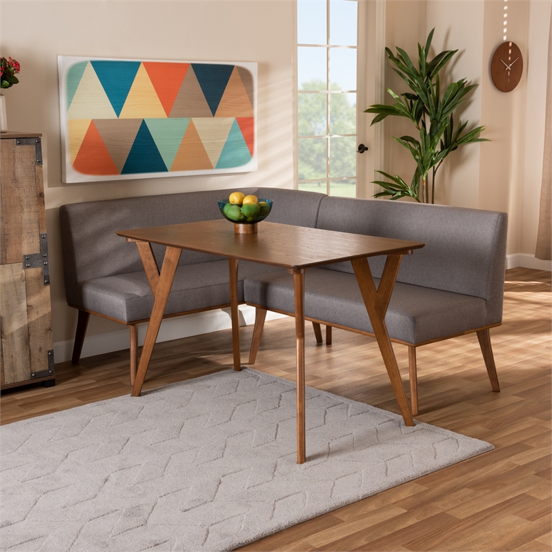 Bowery Hill Grey Fabric Upholstered and Walnut Finished 3-Piece Dining Set
