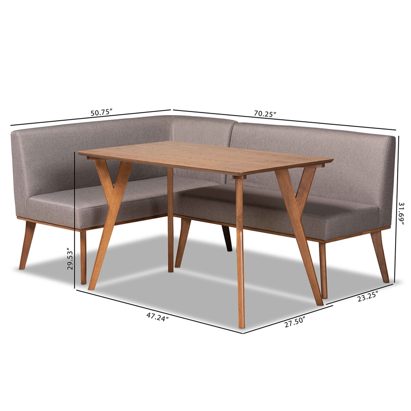 Bowery Hill Grey Fabric Upholstered and Walnut Finished 3-Piece Dining Set