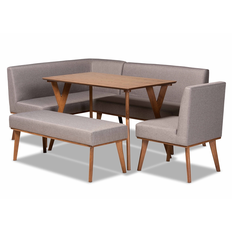 Bowery Hill Grey Fabric Upholstered and Walnut Finished 5-Piece Dining Set