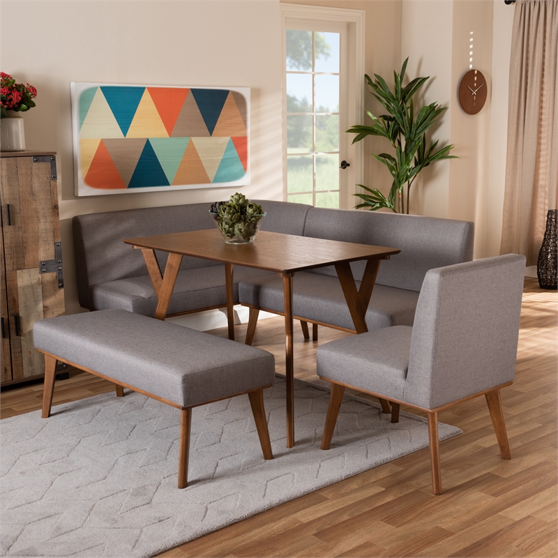 Bowery Hill Grey Fabric Upholstered and Walnut Finished 5-Piece Dining Set