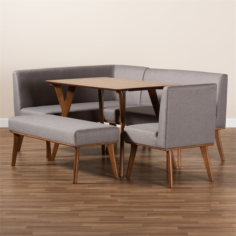Bowery Hill Grey Fabric Upholstered and Walnut Finished 5-Piece Dining Set