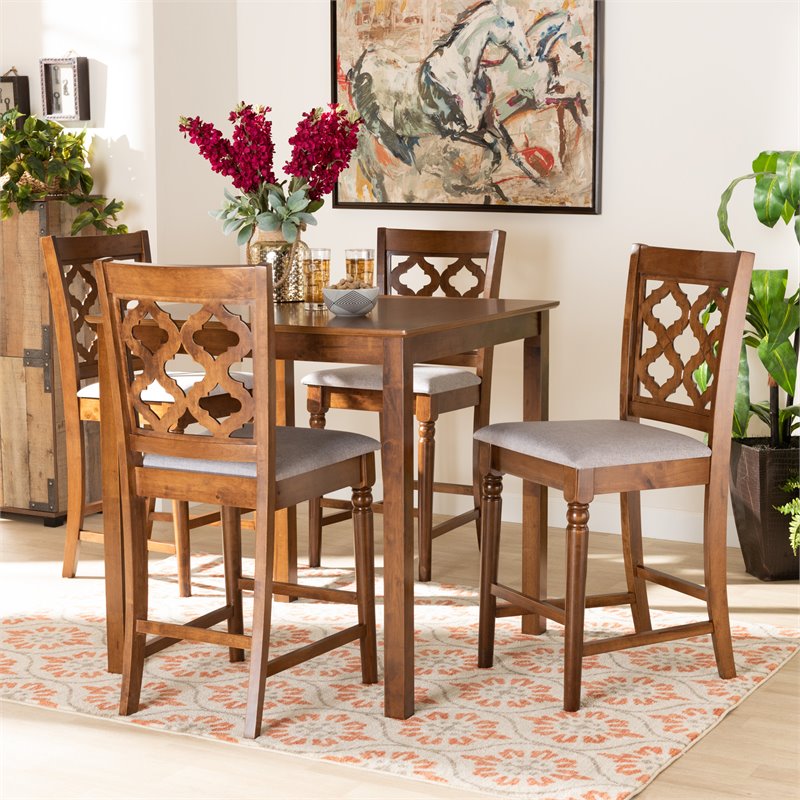 Bowery Hill Grey Fabric Upholstered and Brown Finished Wood 5-Piece Pub Set