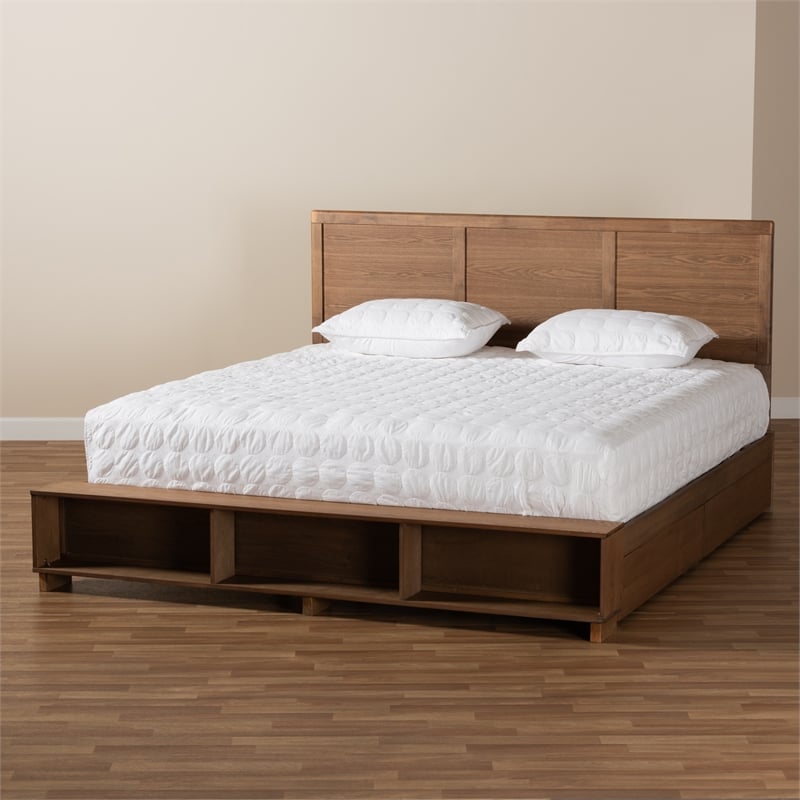 Bowery Hill Brown Finished Wood King Size 4-Drawer Bed with Built-In Shelves