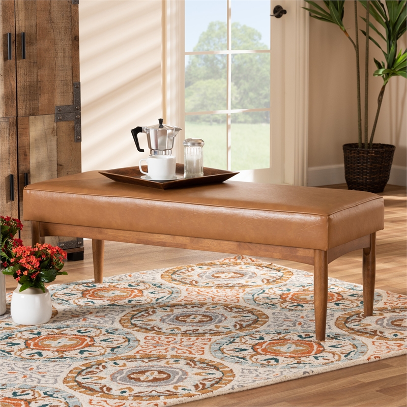 Bowery Hill Faux Leather Tan and Walnut Brown Dining Bench Rectangular Upholstered 46.5