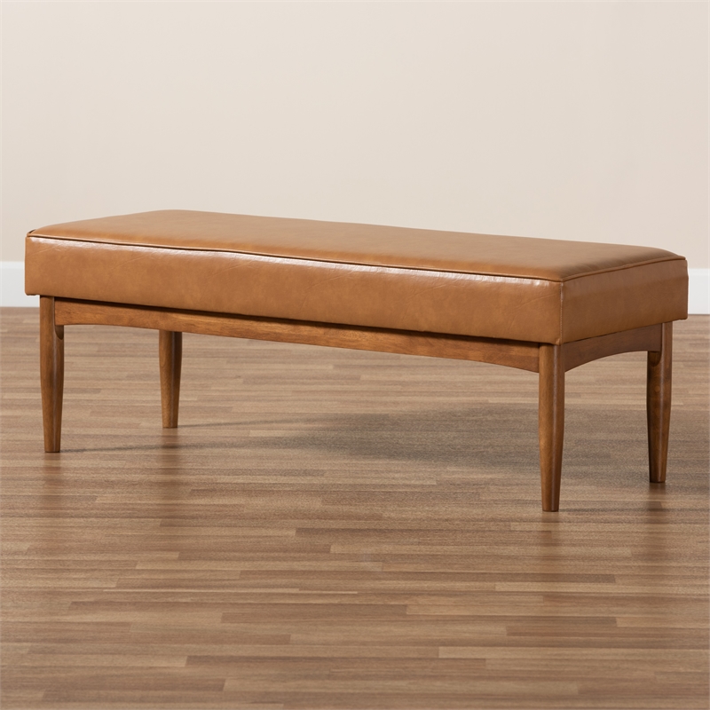 Bowery Hill Faux Leather Tan and Walnut Brown Dining Bench Rectangular Upholstered 46.5