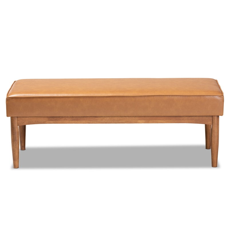 Bowery Hill Faux Leather Tan and Walnut Brown Dining Bench Rectangular Upholstered 46.5