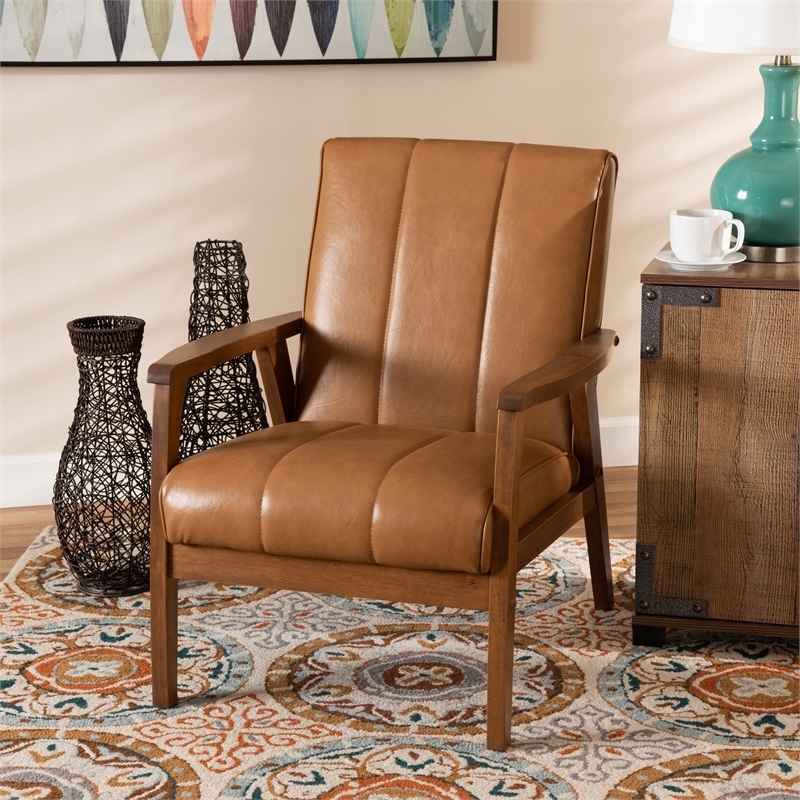 Bowery Hill Mid-Century Wood/Faux Leather Office Chair in Brown