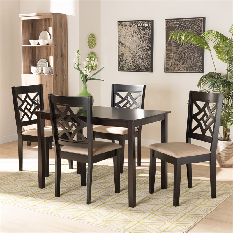 Bowery Hill Sand Fabric Upholstered and Brown Finished Wood 5-Piece Dining Set