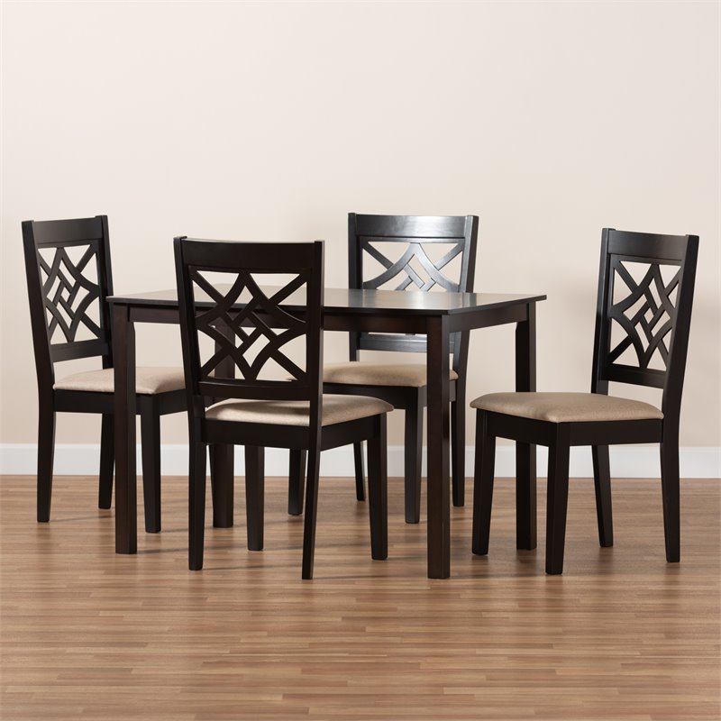 Bowery Hill Sand Fabric Upholstered and Brown Finished Wood 5-Piece Dining Set