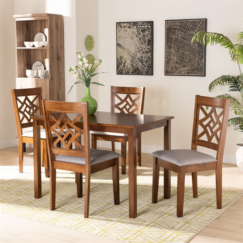 Bowery Hill Grey Fabric Upholstered and Brown Finished Wood 5-Piece Dining Set