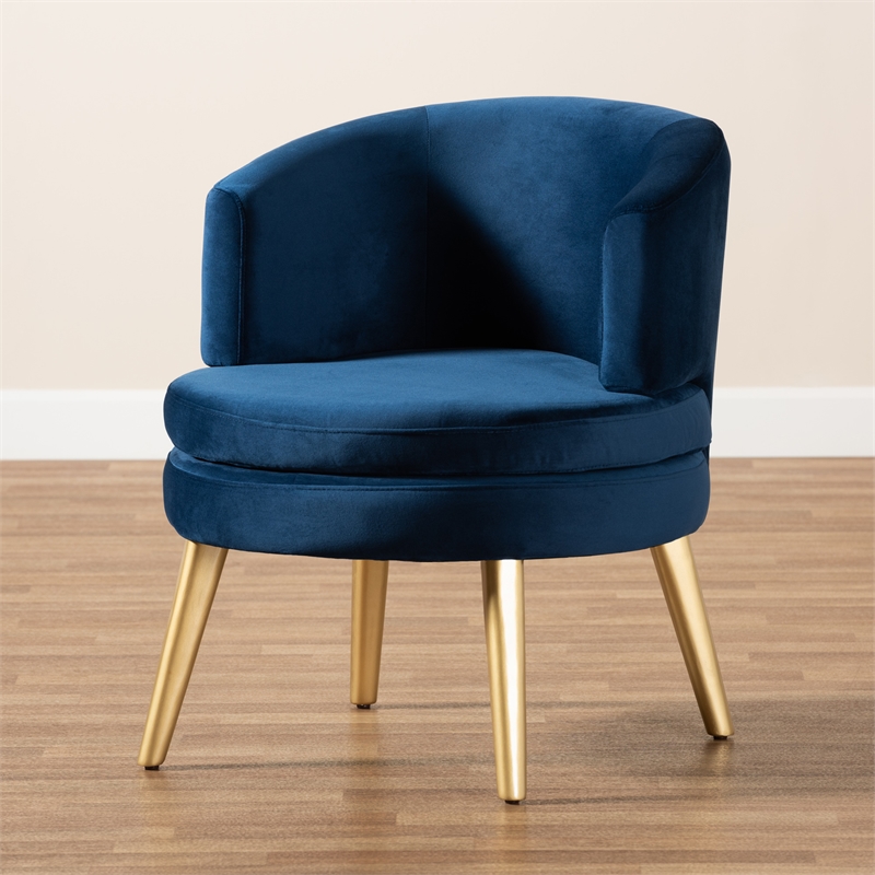 Bowery Hill Blue Velvet Fabric Upholstered and Gold Finished Wood Accent Chair