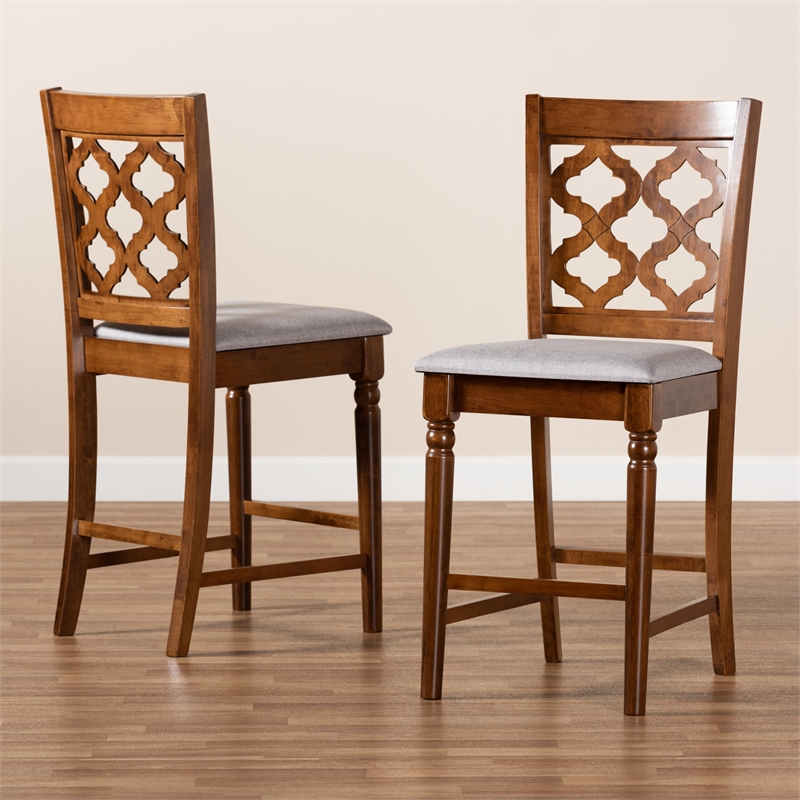 Bowery Hill Grey Upholstered and Brown Finished Wood 2-Piece Counter Stool Set