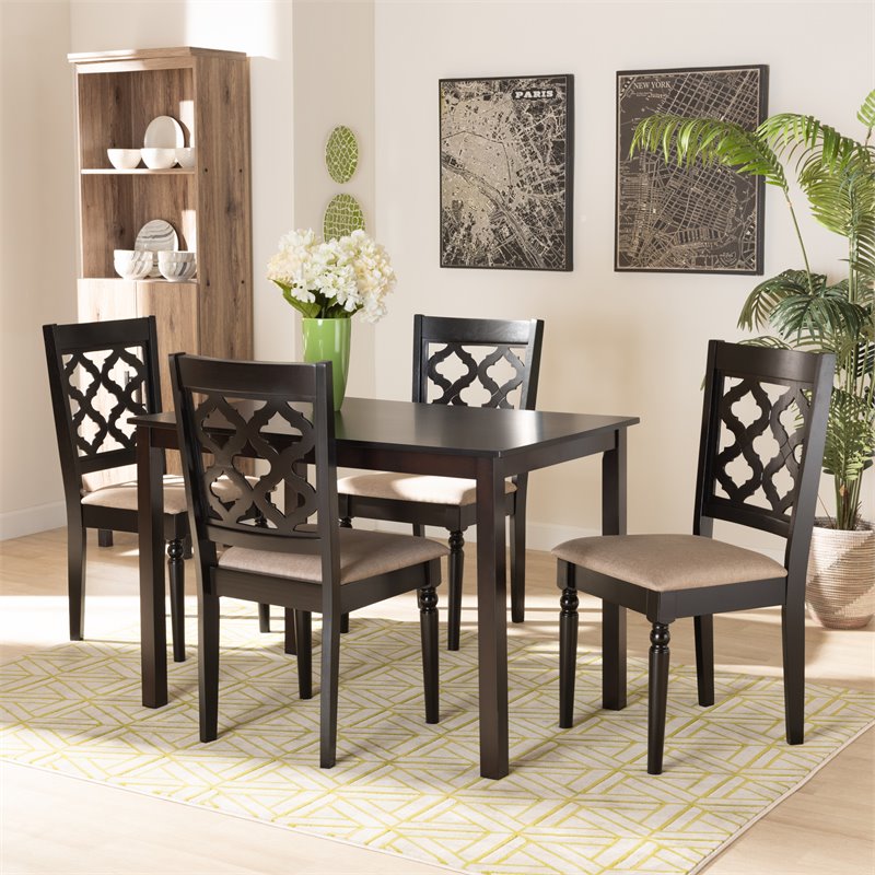 Bowery Hill Sand Fabric Upholstered and Brown Finished Wood 5-Piece Dining Set