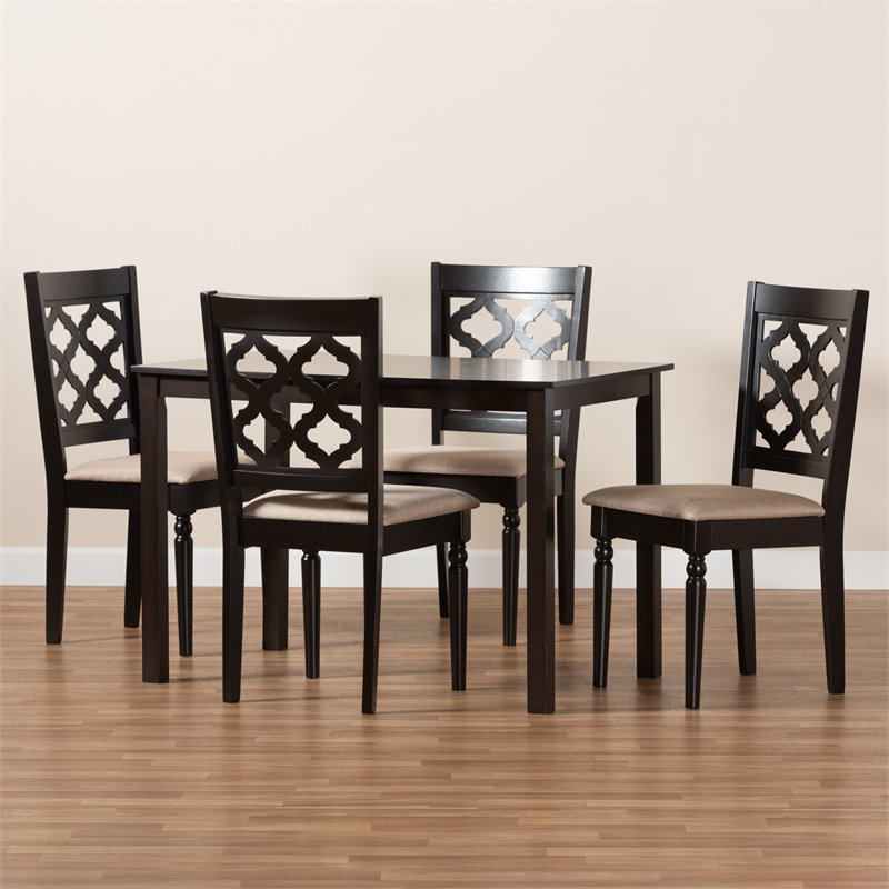 Bowery Hill Sand Fabric Upholstered and Brown Finished Wood 5-Piece Dining Set