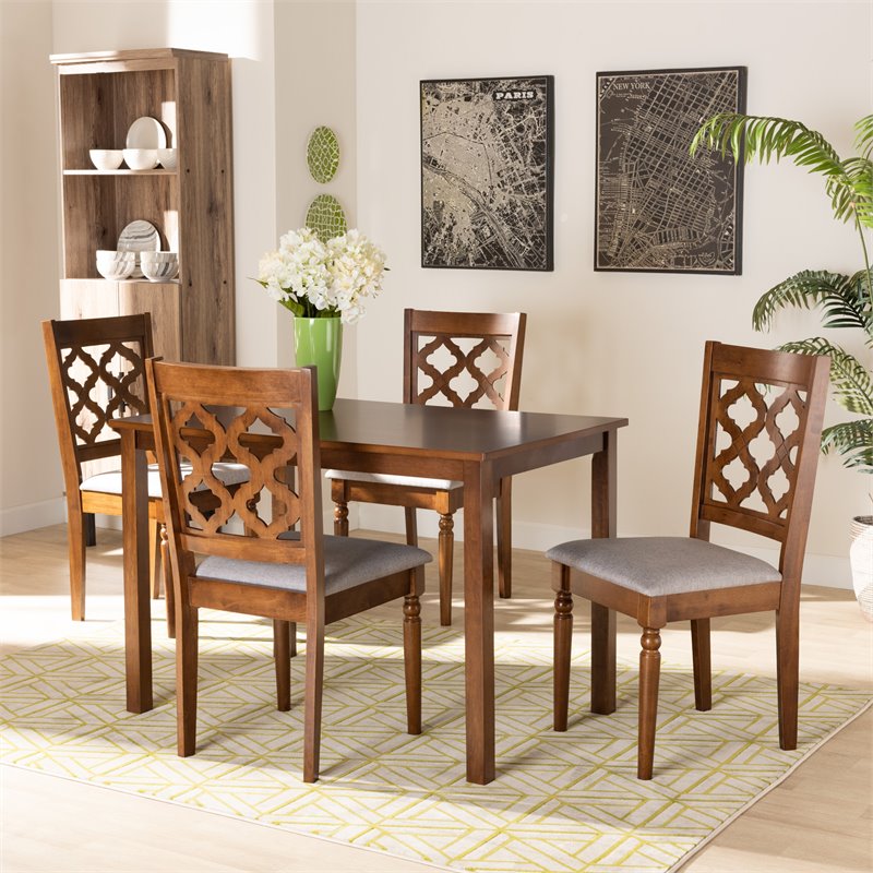 Bowery Hill Grey Fabric Upholstered and Brown Finished Wood 5-Piece Dining Set