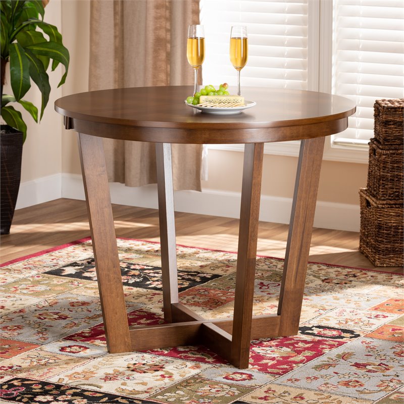 Bowery Hill Rubberwood Walnut Brown Dining Table Round Sculptural 35