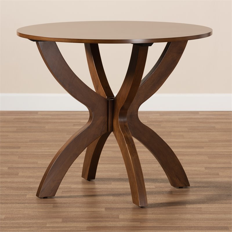 Bowery Hill Rubberwood Walnut Brown Dining Table Round Sculptural Base 35.4