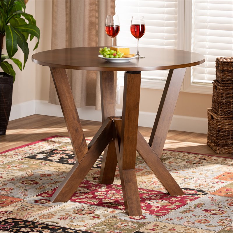 Bowery Hill Rubberwood Walnut Brown Dining Table Round Sculptural Base 35.4