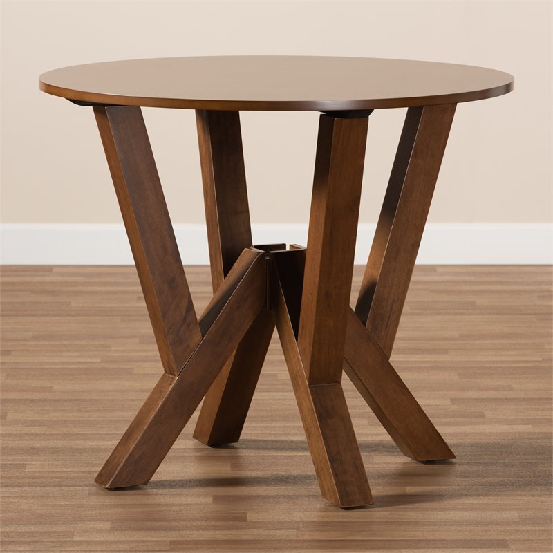 Bowery Hill Rubberwood Walnut Brown Dining Table Round Sculptural Base 35.4