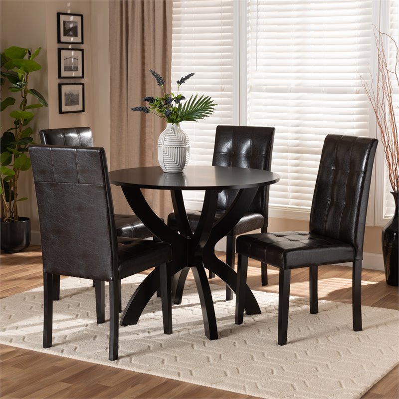 Bowery Hill Dark Brown Faux Leather Upholstered Wood 5-Piece Dining Set