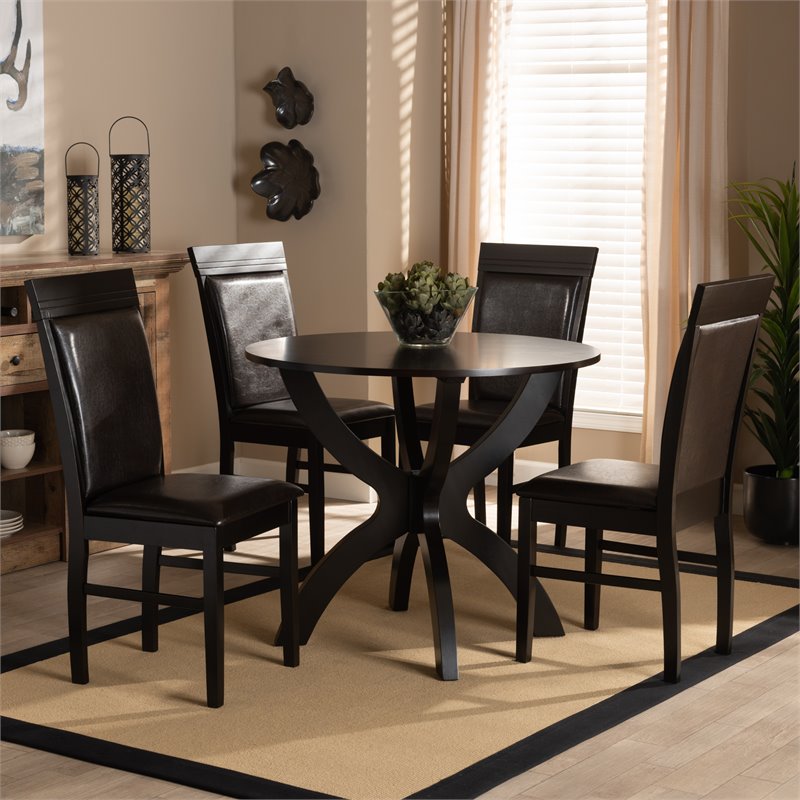 Bowery Hill Dark Brown Faux Leather Upholstered Wood 5-Piece Dining Set