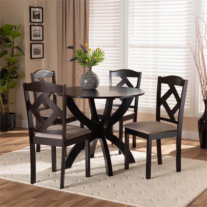 Bowery Hill Sand Fabric Dark Brown Finished Wood 5-Piece Dining Set