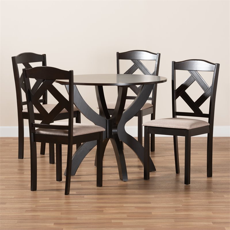 Bowery Hill Sand Fabric Dark Brown Finished Wood 5-Piece Dining Set