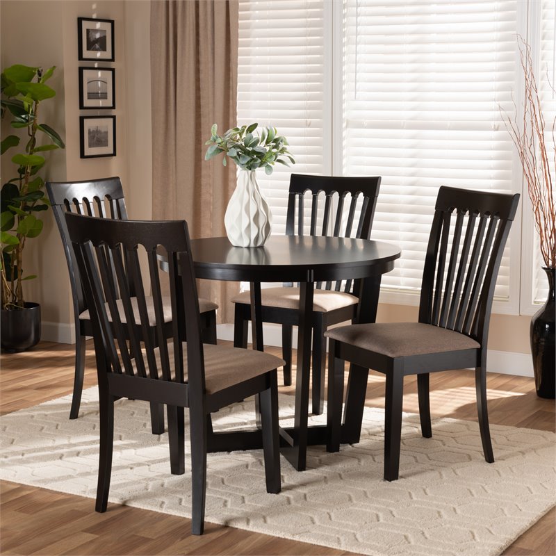 Bowery Hill Sand Fabric and Dark Brown Finished Wood 5-Piece Dining Set