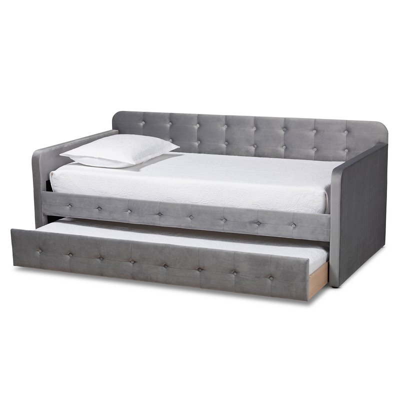 Bowery Hill Gray Velvet Upholstered Twin Size Daybed with Trundle