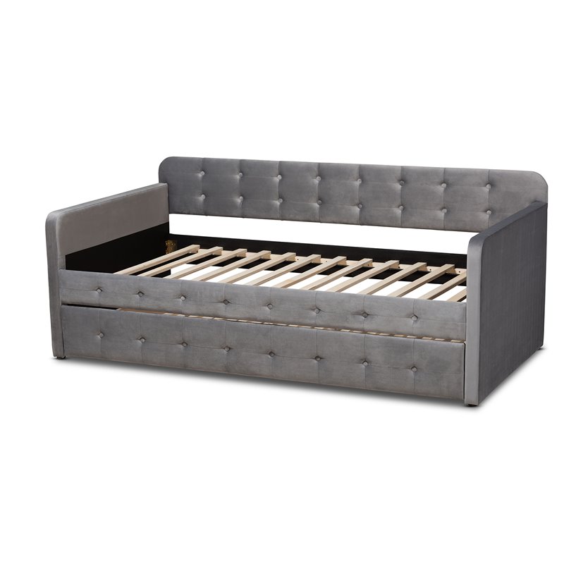 Bowery Hill Gray Velvet Upholstered Twin Size Daybed with Trundle
