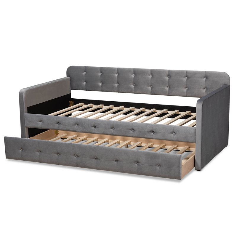 Bowery Hill Gray Velvet Upholstered Twin Size Daybed with Trundle