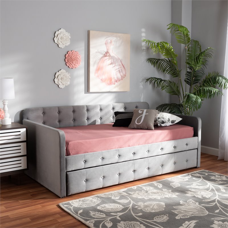 Bowery Hill Gray Velvet Upholstered Twin Size Daybed with Trundle