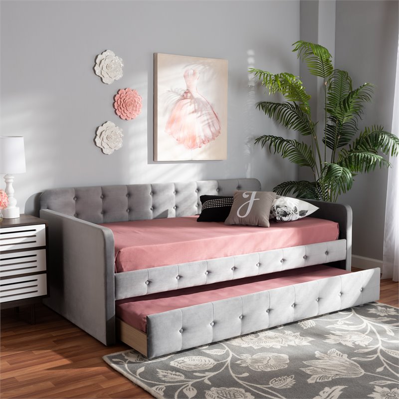 Bowery Hill Gray Velvet Upholstered Twin Size Daybed with Trundle