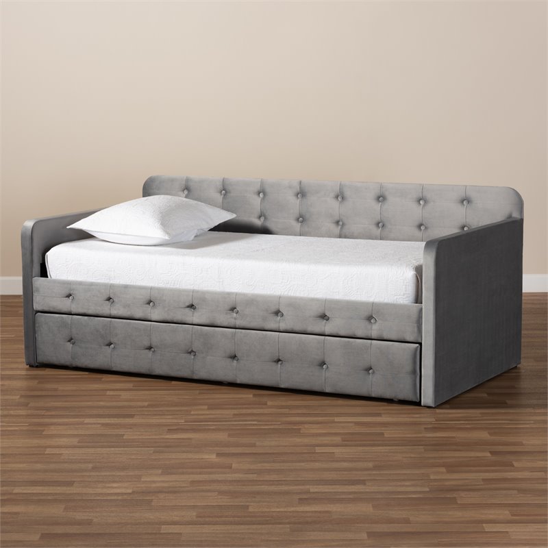 Bowery Hill Gray Velvet Upholstered Twin Size Daybed with Trundle