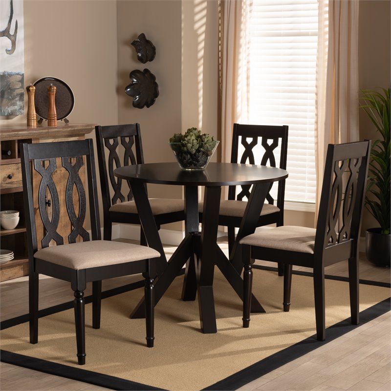 Bowery Hill Sand Fabric and Dark Brown Finished Wood 5-Piece Dining Set