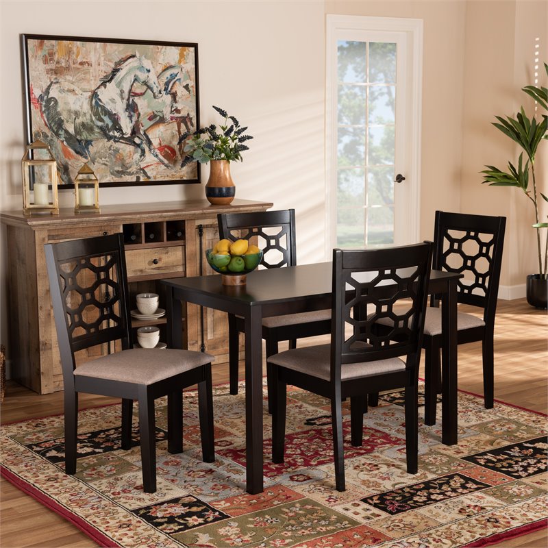Bowery Hill Sand Upholstered and Brown Finished Wood 5-Piece Dining Set