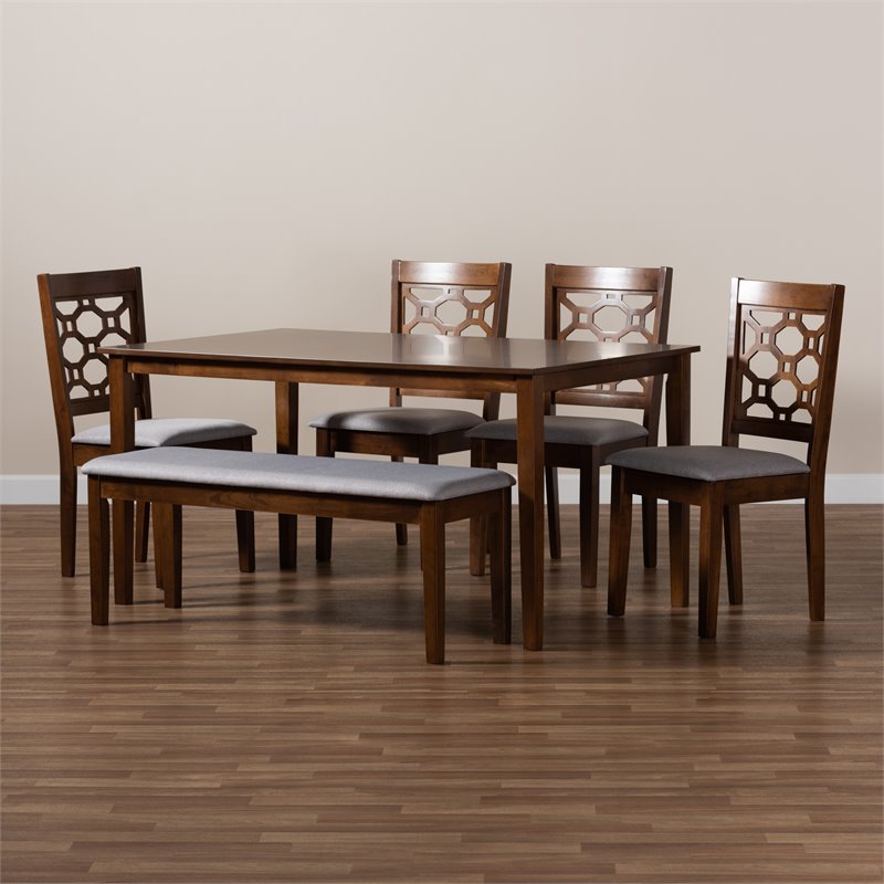 Bowery Hill Grey Upholstered and Brown Finished Wood 6-Piece Dining Set