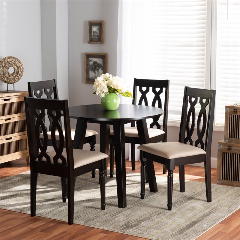 Bowery Hill Sand Fabric and Dark Brown Finished Wood 5-Piece Dining Set