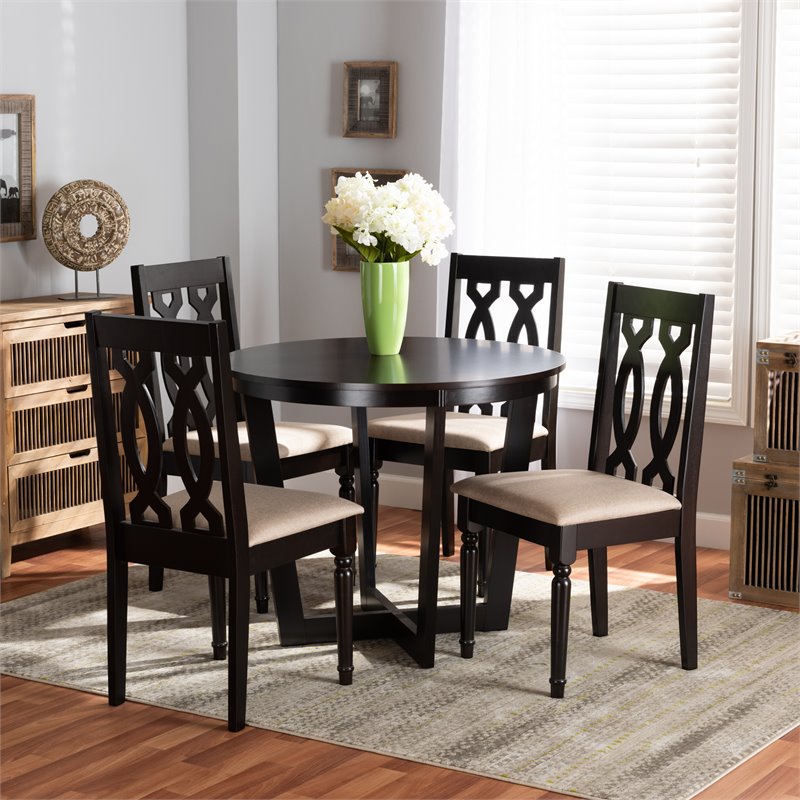 Bowery Hill Sand Fabric and Dark Brown Finished Wood 5-Piece Dining Set