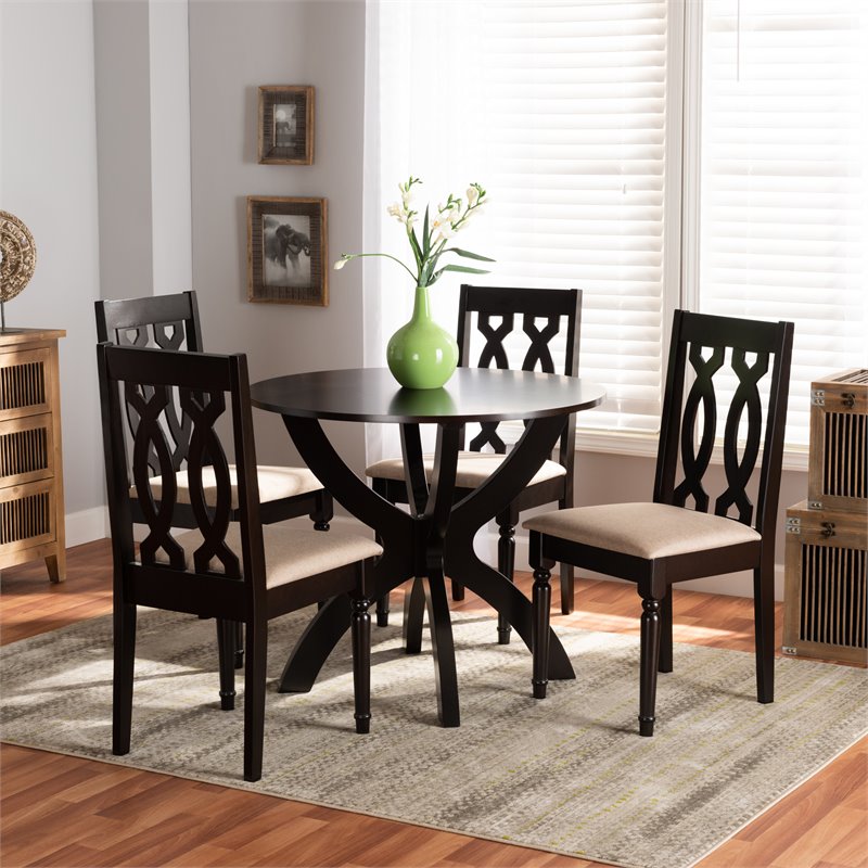 Bowery Hill Sand Fabric and Dark Brown Finished Wood 5-Piece Dining Set