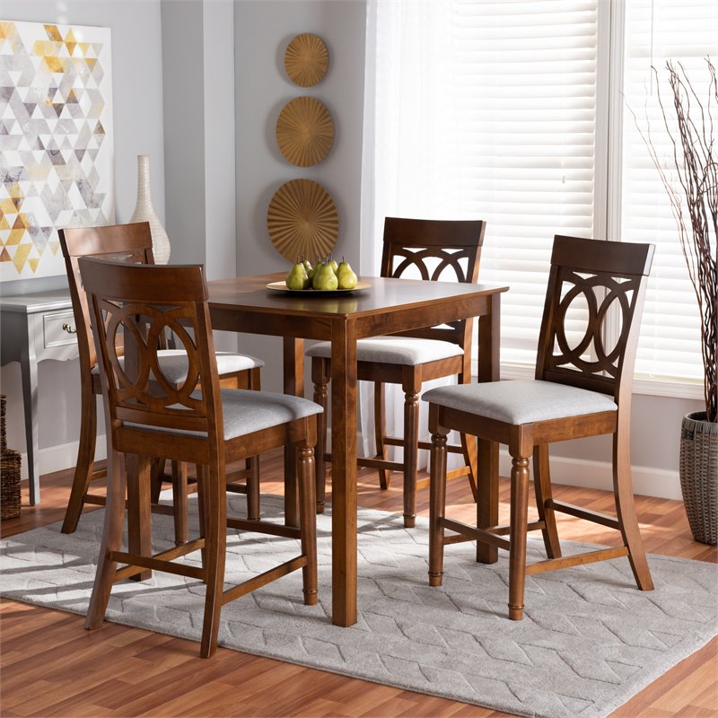 Bowery Hill Grey Fabric Walnut Brown Finished 5-Piece Wood Pub Set