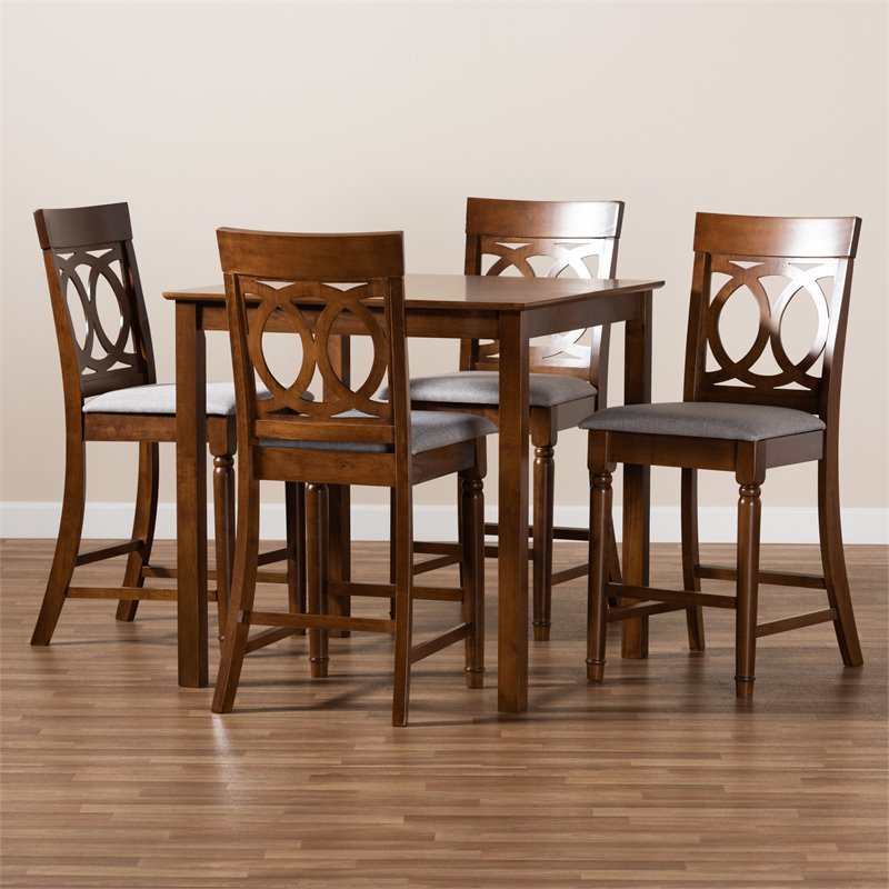 Bowery Hill Grey Fabric Walnut Brown Finished 5-Piece Wood Pub Set