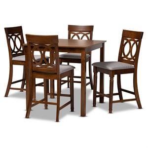 Bowery Hill Grey Fabric Walnut Brown Finished 5-Piece Wood Pub Set