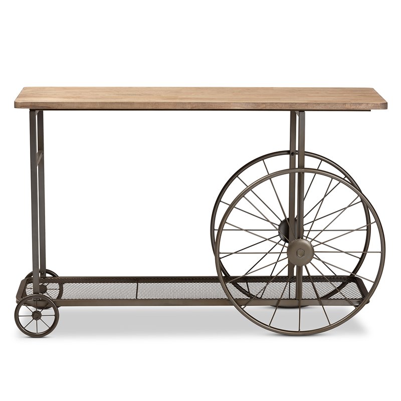 Bowery Hill Natural Finished Wood and Black Finished Metal Wheeled Table