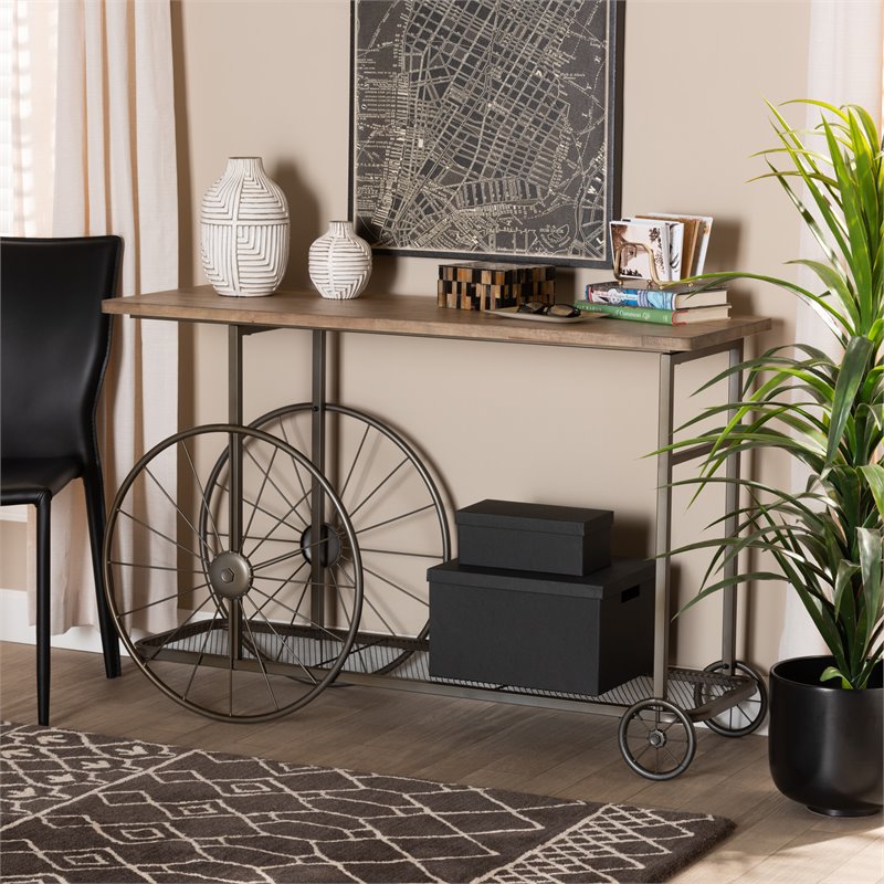 Bowery Hill Natural Finished Wood and Black Finished Metal Wheeled Table