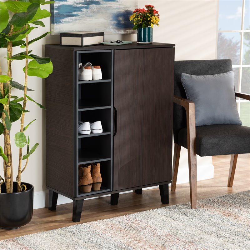 Bowery Hill Two-Tone Dark Brown and Grey Finished Wood 1-Door Shoe Cabinet