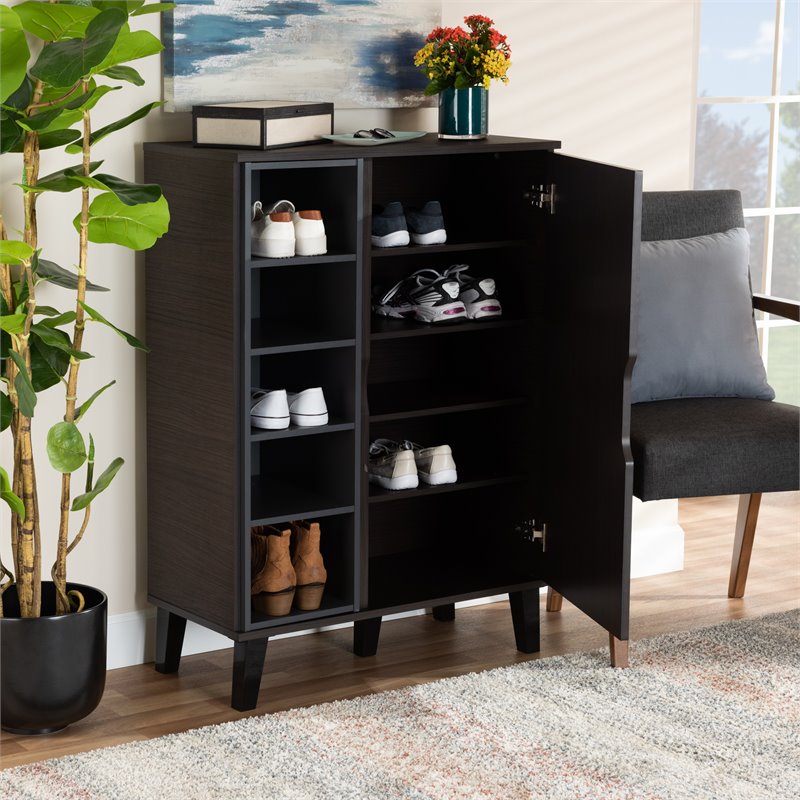 Bowery Hill Two-Tone Dark Brown and Grey Finished Wood 1-Door Shoe Cabinet